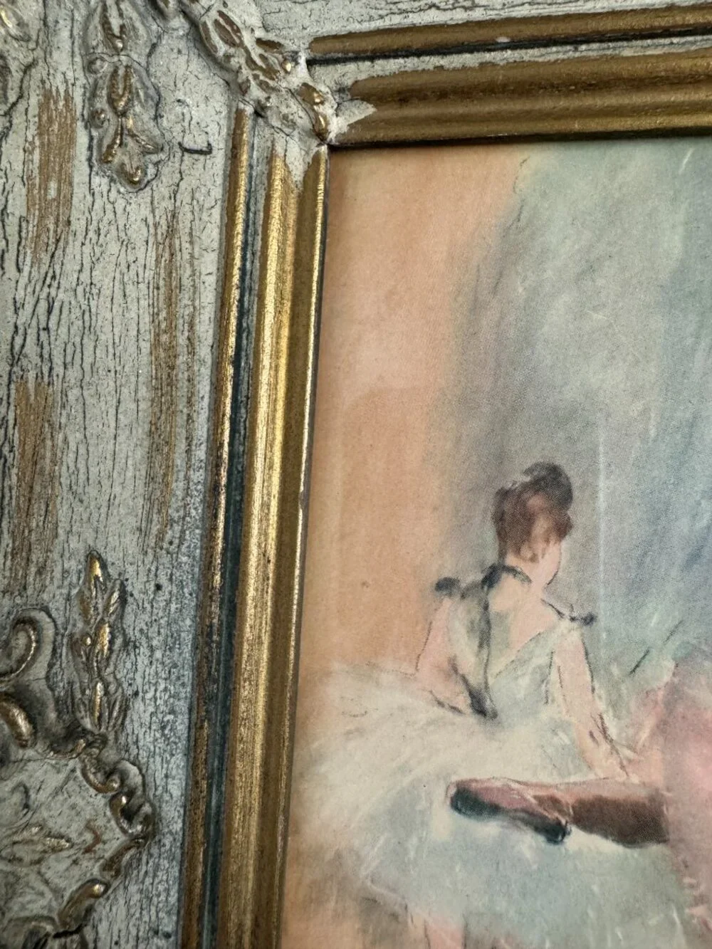 Vintage Ballerina Print Impressionist Ballet Dancer Ornate Distressed Frame